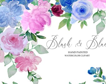 Blush and blue, hand-painted flowers clipart, wedding flowers, Wedding Clipart Pink and Blue, instant download, PNG