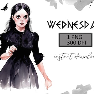 Wednesday Addams Clipart, Wednesday PNG, Gothic Girl, Girl llustration Art Planner Stickers Wednesday Sublimation Design, PNG