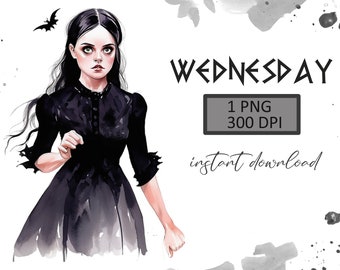 Wednesday Addams Clipart, Wednesday PNG, Gothic Girl, Girl llustration Art Planner Stickers Wednesday Sublimation Design, PNG