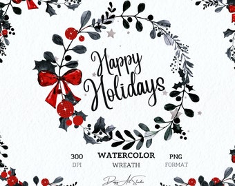 Kerstkrans Happy Holidays Handgeschilderde digitale kerstfoto's Digitale uitnodigingswenskaart, png