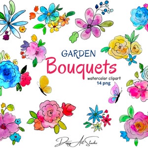 Aquarel bloemen boeketten / handgeschilderde illustraties heldere aquarel bloemstukken / bloemenboeket Gratis commercieel gebruik