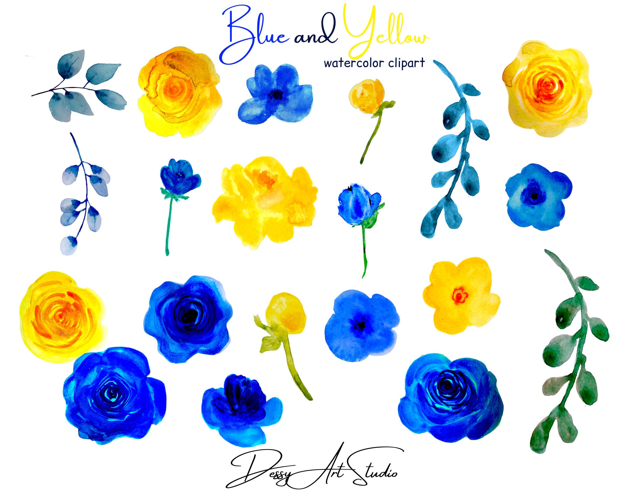 Watercolor Colorful Clipart Blue and Yellow Roses Flowers Etsy