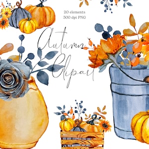 Autumn watercolor clipart,  Pumpkin, Sunflowers, Halloween, digital clipart, hand painted clipart, fall clipart, instant download PNG
