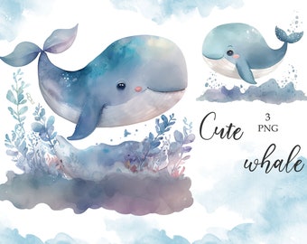 Cute Whale Clipart, Watercolor Whale Clipart, Under the Sea Clipart, Ocean Clipart, Nursery decor, Sublimation, Cute Whale, PNG