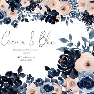 Watercolor floral clipart of navy blue peony, navy blue rose and cream, bouquets, flowers and leaves, PNG