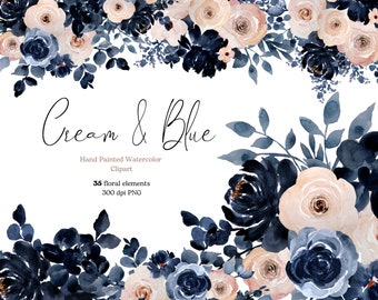 Watercolor floral clipart of navy blue peony, navy blue rose and cream, bouquets, flowers and leaves, PNG