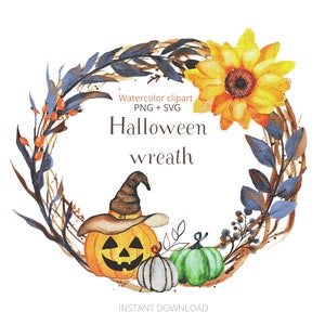Watercolor Halloween wreath, round frame, PNG & SVG files, instant download