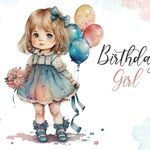 Aquarell Geburtstag Mädchen, süße Mädchen Clipart, sofortiger download, Geschenk, PNG