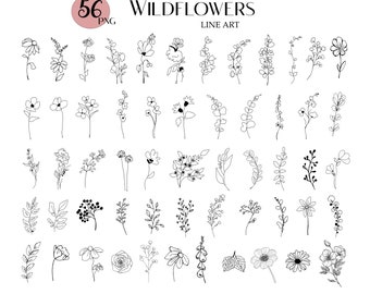 Set med 56 vildblommor, vildblommor clipart, linjeteckningar, blommor clipart, PNG
