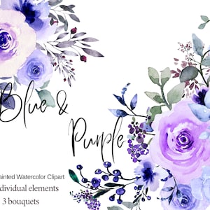 Blau und Lila Aquarell Blumen Clipart Frühling Sommer Hochzeit Brautparty Grafik Bouquet, PNG