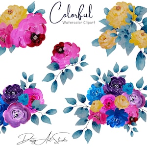 Watercolor Colorful Clipart Colorful Roses Flowers Digital Download Clip Art Bright Colors, PNG