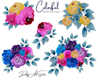 Watercolor Colorful Clipart Colorful Roses Flowers Digital Download Clip Art Bright Colors, PNG