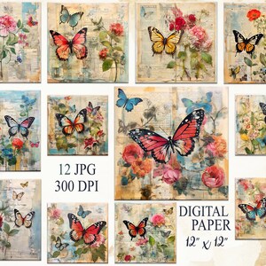 Journal Pages Clipart, Vintage Backgrounds Digital, floral and butterflies, Scrapbook, Scrapbook Cards Gifts, JPG, Instant download
