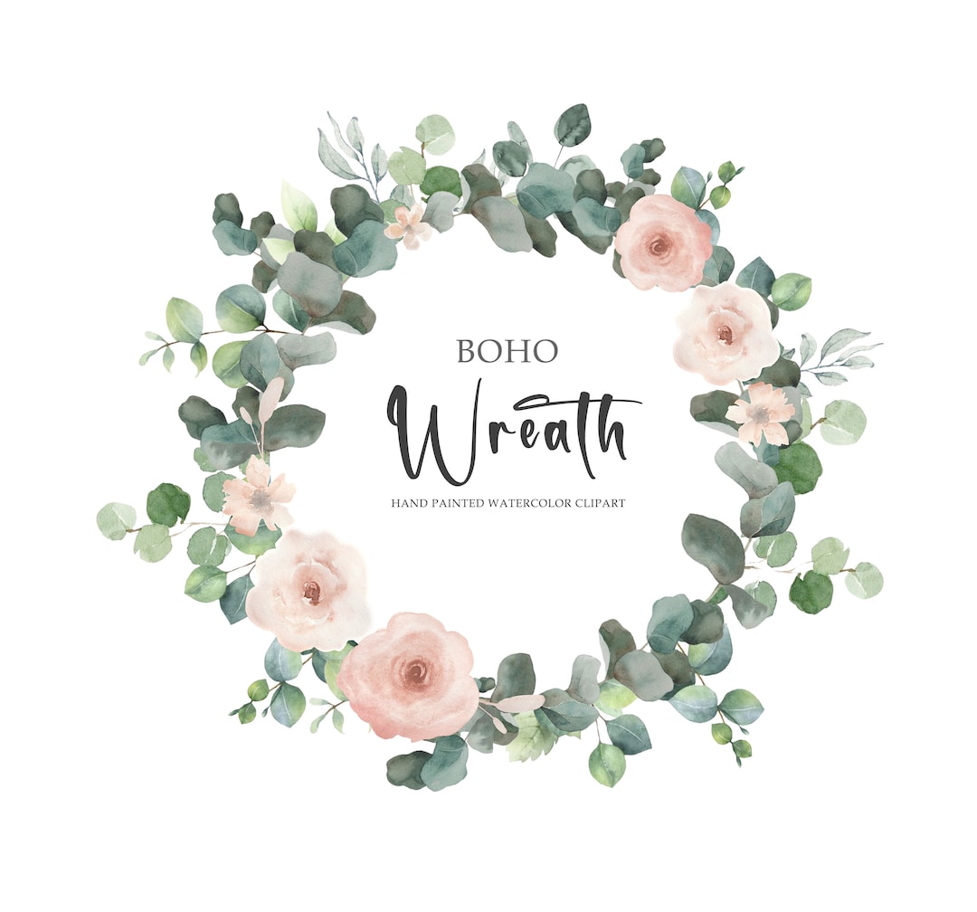 Watercolor Clipart Boho Wreath, Eucalyptus Wreath, Wedding Invites, PNG ...