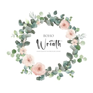 Aquarell Clipart Boho Kranz, Eukalyptuskranz, Hochzeitseinladungen, PNG