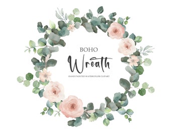 Watercolor clipart Boho wreath, Eucalyptus wreath, Wedding invites, PNG