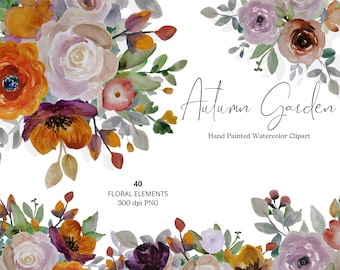 40 PNG, Autumn Garden Watercolor Colors Flowers Clipart Collection Fall Autumn Bouquets & Separate Elements Wedding Design PNG