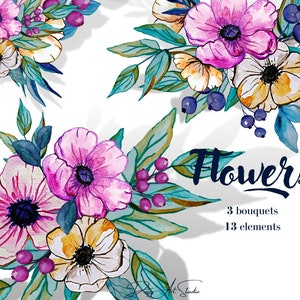 Watercolor Clipart with beautiful flowers and leaves, watercolor flowers, PNG, digital clipart, instant download, flowers bouquets