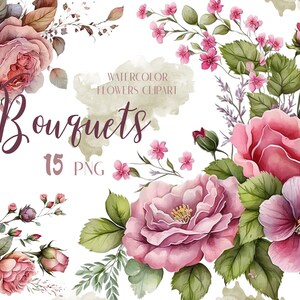 Watercolor Flowers Bouquets Clipart, Bouquets PNG, Weding invitations, cards, Elegant bouquets, Instant download, PNG