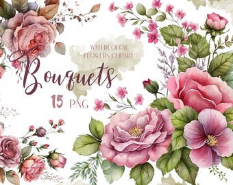 Akvarellblommor Buketter Clipart, Buketter PNG, Bröllopsinbjudningar, kort, Eleganta buketter, Direktnedladdning, PNG