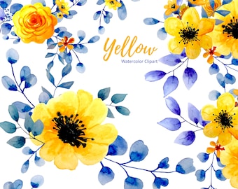Watercolor Floral Clipart, Digital Download Watercolor Summer,  Yellow flowers Clip Art , SEPARATE ELEMENTS, Wedding day, PNG