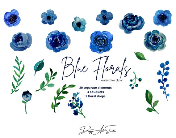 Aquarelle fleurs Clipart Fleurs bleues Feuilles Branches - Etsy France