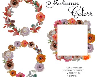 Watercolor clipart, autumn clipart, fall clipart, wreaths, frame, Warm Autumn Colors, PNG