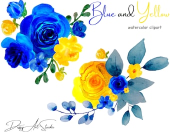 Watercolor Colorful Clipart, Blue and Yellow Roses Flowers Digital Download Clip Art, Watercolor Clipart Bright Blue and Yellow, PNG