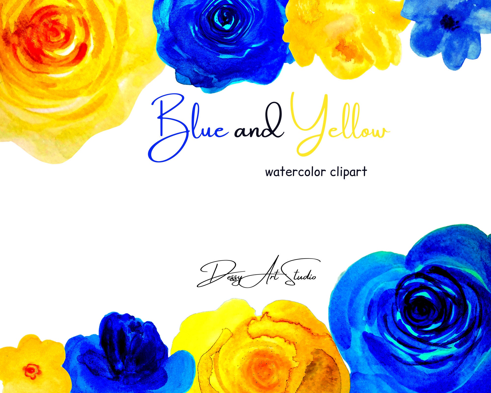 Watercolor Colorful Clipart Blue and Yellow Roses Flowers Etsy