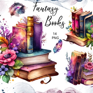 Livros em aquarela, clipart de livros de fantasia, clipart em aquarela, download instantâneo, PNG