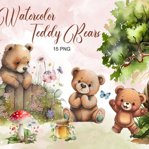 Teddy Bears, Woodland,  honey, trees, butterfly, mushrooms , cute clipart, baby animal, nursery decor, digital character cartoon