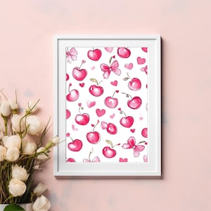 Trendy Pink Kirschen und Schleifen, Wandbild, ordentliches Poster College Wohnung Dekor Pink Aquarell süsse Raumdekoration, Girly Wandkunst