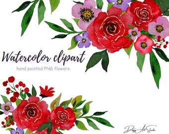 Aquarel Zomer bloemen Clipart, Bladeren Takken Aquarel Digitale Clip Art Aquarel Rode Rozen Bloemen Clipart PNG