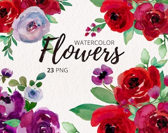 May include: Watercolor illustration of red, purple, and blue flowers with green leaves. The text "WATERCOLOR FLOWERS 23 PNG" is written in black on a white background.