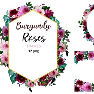 Burgundy Roses FRAMES clipart Border Spring Summer Flowers Gold Frame Wedding Graphics PNG