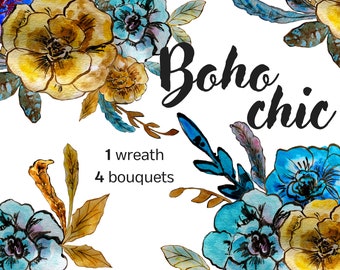 Boho Watercolor Clipart, Watercolor Floral Clipart, PNG