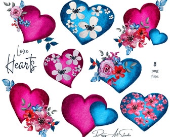 May include: Eight watercolor illustrations of hearts with floral designs. The hearts are in shades of pink, blue, and red. The flowers are in shades of pink, red, and blue. The text "Love Hearts" is written in black at the top of the image. The text "8 png files" is written in black at the bottom right of the image.