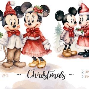Clipart de Mickey y Mini Mouse navideño, clipart de acuarela, descarga instantánea