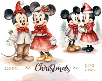 Christmas Mickey and Mini Mouse clipart, Watercolor clipart, Instant download