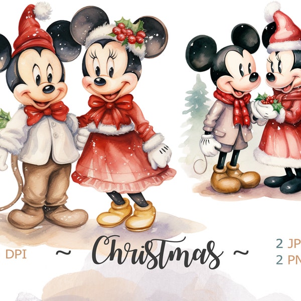 Clipart de Noël Mickey et Mini Mouse, clipart aquarelle, téléchargement instantané