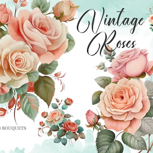 Watercolor Vintage Roses Bouquets Clipart, Bouquets PNG, Wedding, invitations, Flowers clipart, DesitaDeArte