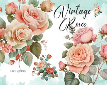 Watercolor Vintage Roses Bouquets Clipart, Bouquets PNG, Wedding, invitations, Flowers clipart, DesitaDeArte