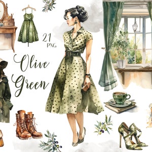 Aquarela verde oliva clipart, álbum de recortes, adesivos, download instantâneo, PNG