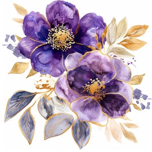 11 Abstract Flowers Clipart, Purple Gold Flower, Flowers PNG, Watercolor clipart, Digital download, Commersial use