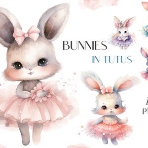 Watercolor cute bunnies in tutus, Bunnies clipart, Nursery decor, Nursery PNG, Instant download, PNG