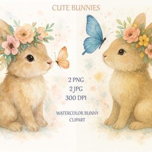 Cute Bunny Clipart, Watercolor Bunnies PNG, PNG Clipart, Boho Nursery, Watercolor Floral Bunnies
