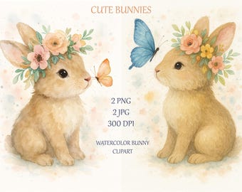 Clipart de coelho fofo, coelhinhos em aquarela PNG, clipart PNG, berçário boho, coelhinhos florais em aquarela