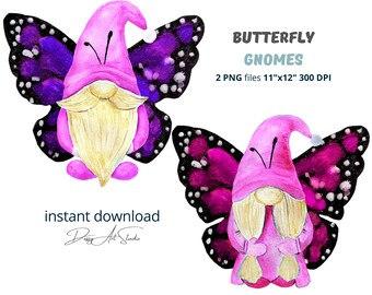 Watercolor butterfly gnomes, gnome clipart, summer gnomes, spring gnomes, instant download, PNG