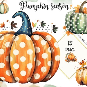 K&ouml;nnte beinhalten: Ein Set mit 15 digitalen Illustrationen von K&uuml;rbissen mit Punkten in verschiedenen Farben, darunter Orange, Gr&uuml;n und Blau. Die K&uuml;rbisse sind mit wei&szlig;en Punkten verziert und haben einen Aquarell-Effekt. Der Text "Pumpkin Season" ist in einer dekorativen Schriftart &uuml;ber den K&uuml;rbissen geschrieben.