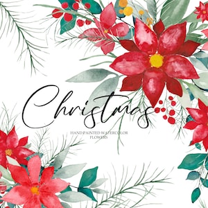 Clipart aquarela de natal, floral de natal, clipart de poinsétia, clipart de natal, buquês de flores, galhos de árvores, flores, png